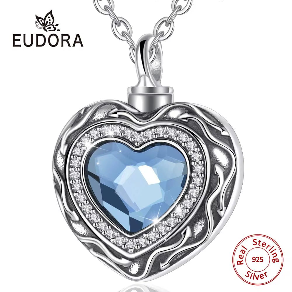 Sterling Silver Heart Locket Cremation Ashes Urn Necklace with Blue Crystal Birthstone Keepsake Jewelry - CYG004