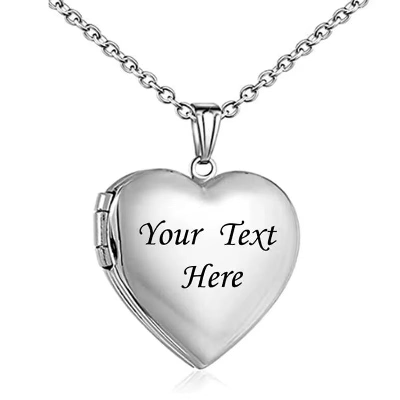 Custom Engraved Stainless Steel Heart Photo Locket Necklace with Personalized Text, Name, and Date