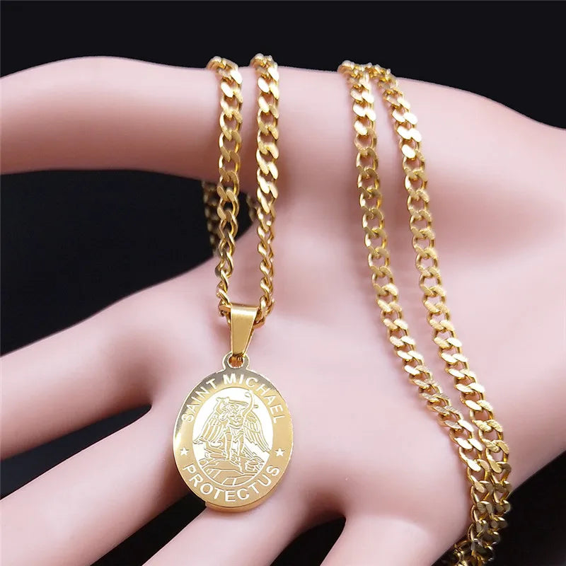 Divine Protection Saint Michael Archangel Gold Stainless Steel Necklace