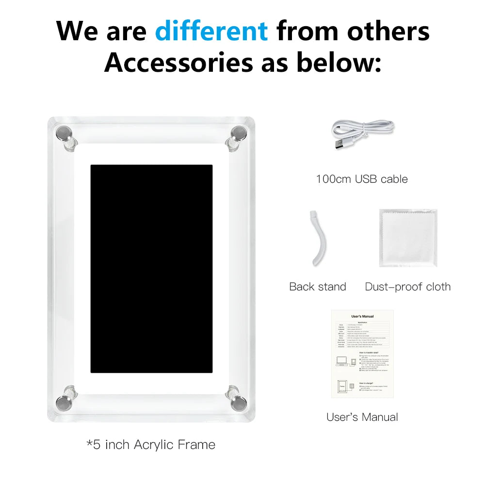 Where Memories Live" - 5” Rechargeable Acrylic Digital Photo Frame with Stunning IPS Display