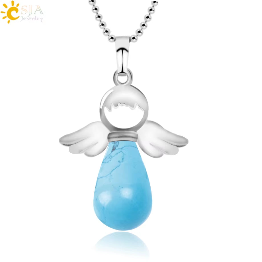 CSJA Angel Natural Stone Necklaces Pink Quartz Lapis Lazuli Necklace Angels Pendants for Women Purple Female Jewelry E947