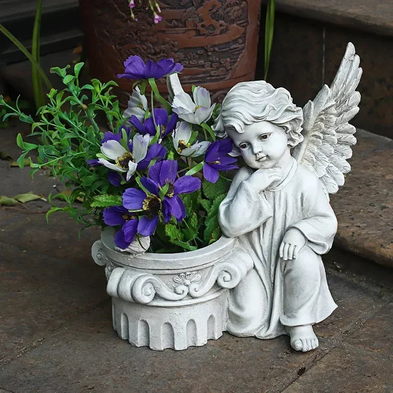 31CM European Courtyard Decorative Angel Figurine Flowerpot for Landscape Enhancements in Resin