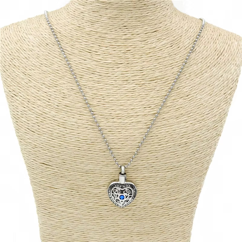 Heartfelt Blue CZ Cremation Keepsake Necklace - Stainless Steel Memorial Pendant for Women