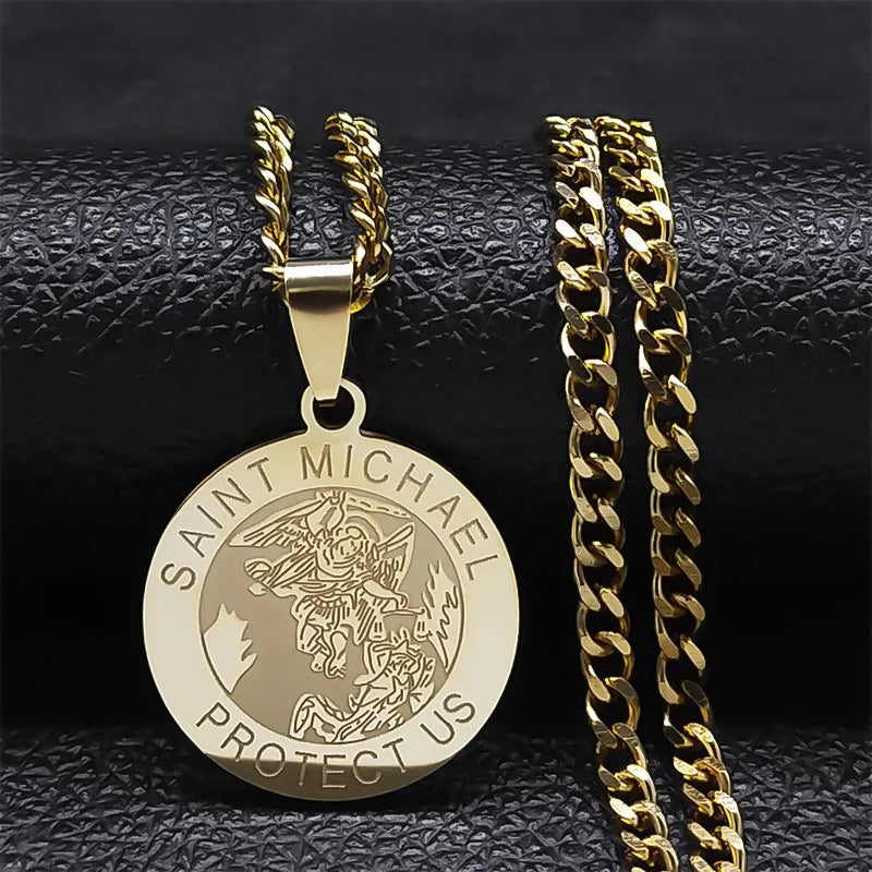 Divine Protection Saint Michael Archangel Gold Stainless Steel Necklace
