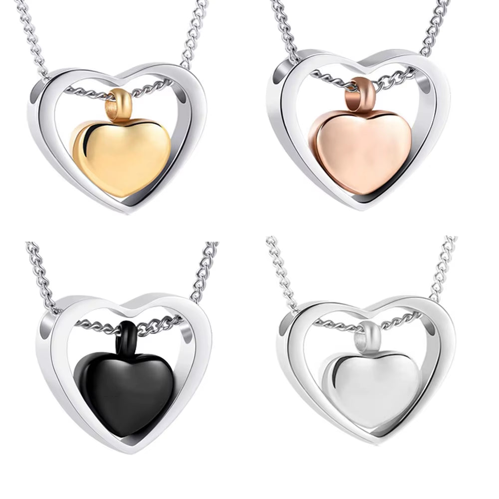 Elegant Stainless Steel Double Heart Cremation Urn Necklace with Funnel Fill Kit - Keepsake Memorial Ashes in 3 Stunning Colors