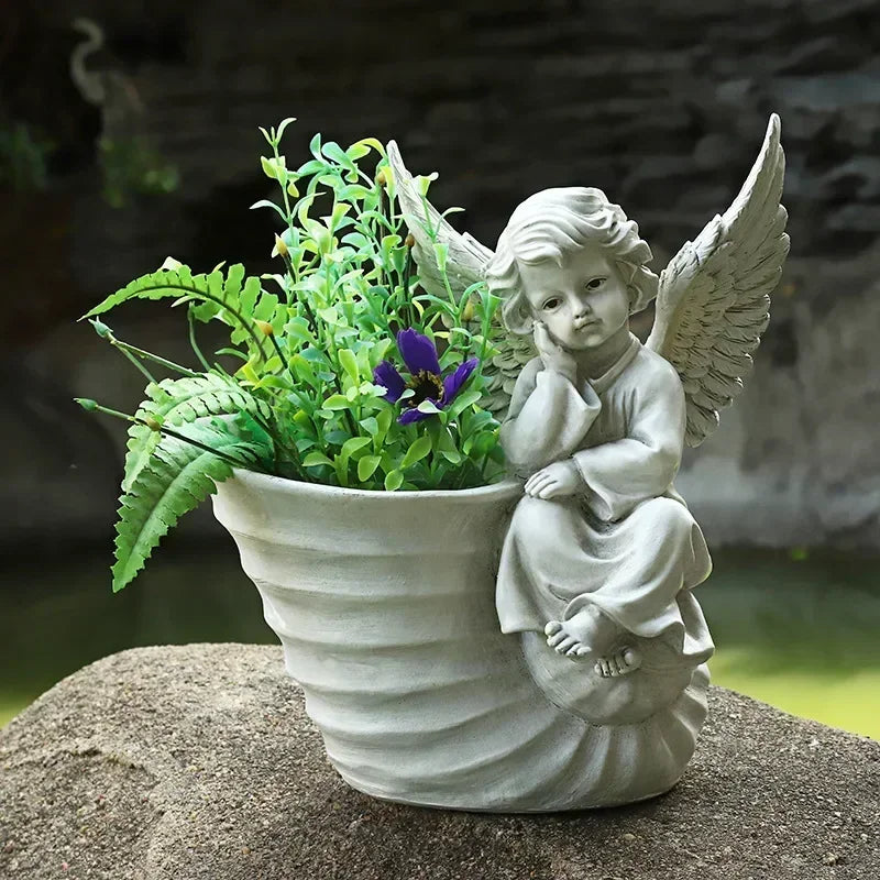 31CM European Courtyard Decorative Angel Figurine Flowerpot for Landscape Enhancements in Resin