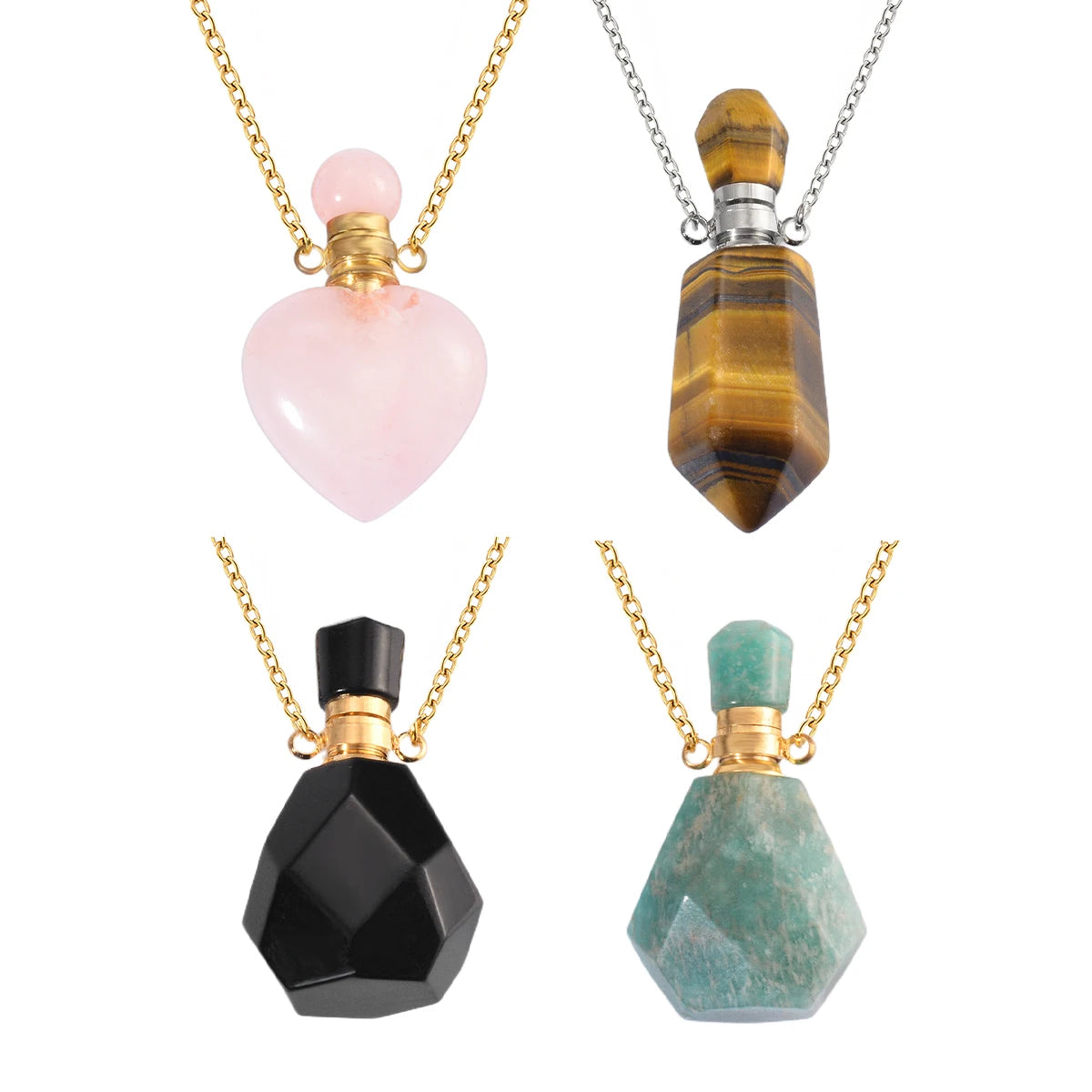 Natural Stone Memorial Necklace with Amethyst Crystal Pendant and Stainless Steel Urn for Ashes