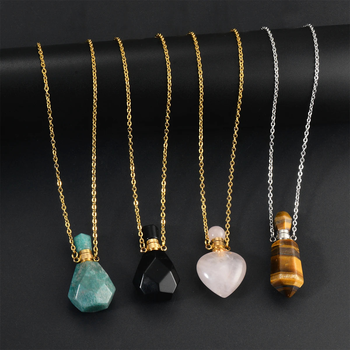 Natural Stone Memorial Necklace with Amethyst Crystal Pendant and Stainless Steel Urn for Ashes