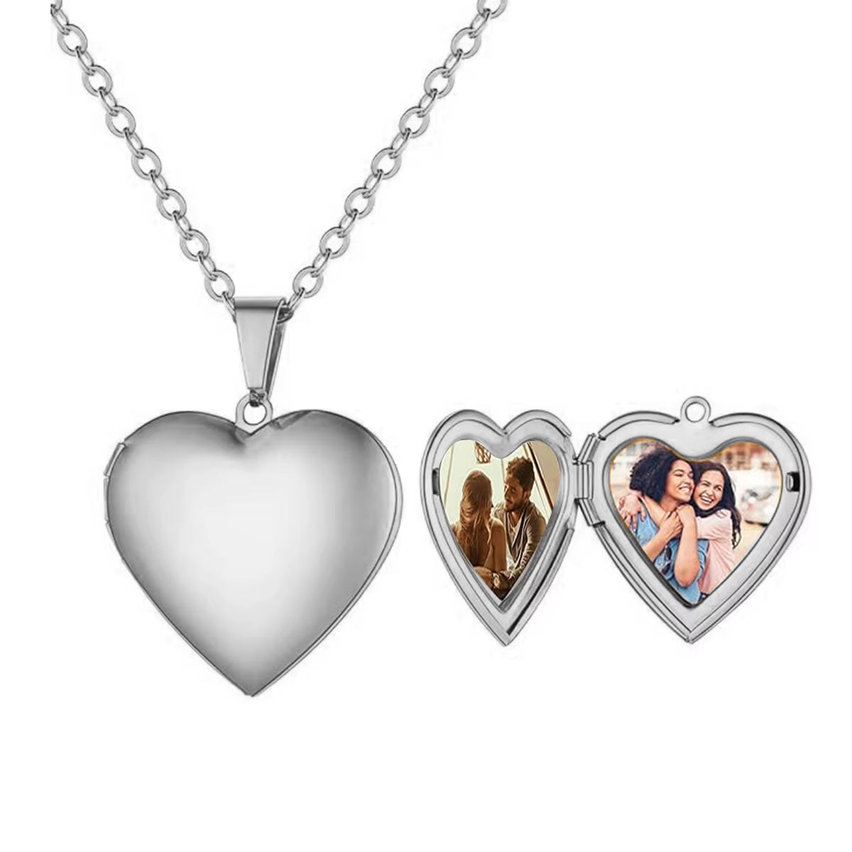 Custom Engraved Stainless Steel Heart Photo Locket Necklace with Personalized Text, Name, and Date