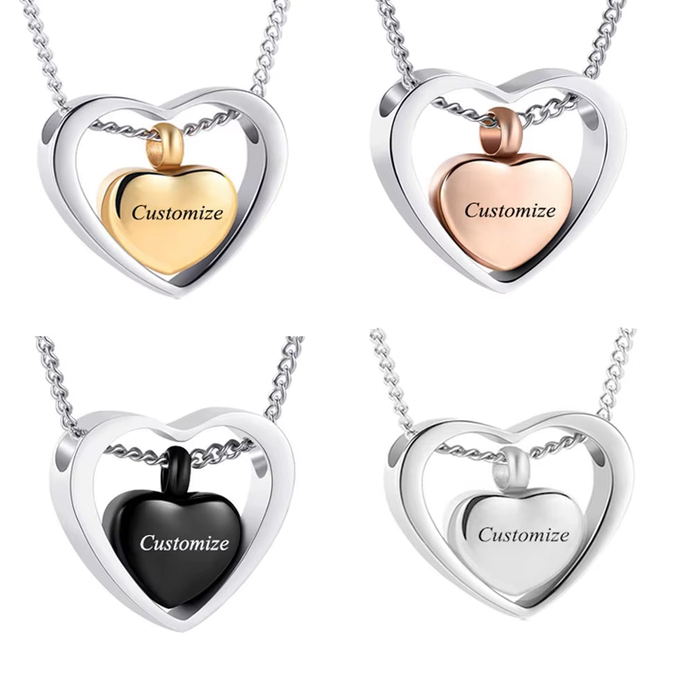 Elegant Stainless Steel Double Heart Cremation Urn Necklace with Funnel Fill Kit - Keepsake Memorial Ashes in 3 Stunning Colors