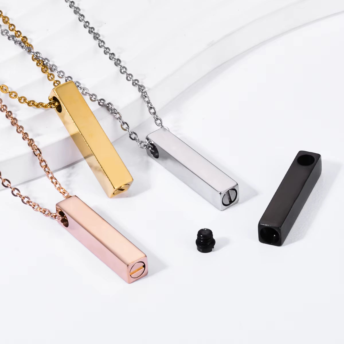 Elegant Stainless Steel Vertical Cubic Bar Urn Pendant Necklace - Memorial Ash Keepsake Jewelry in 3 Stunning Colors