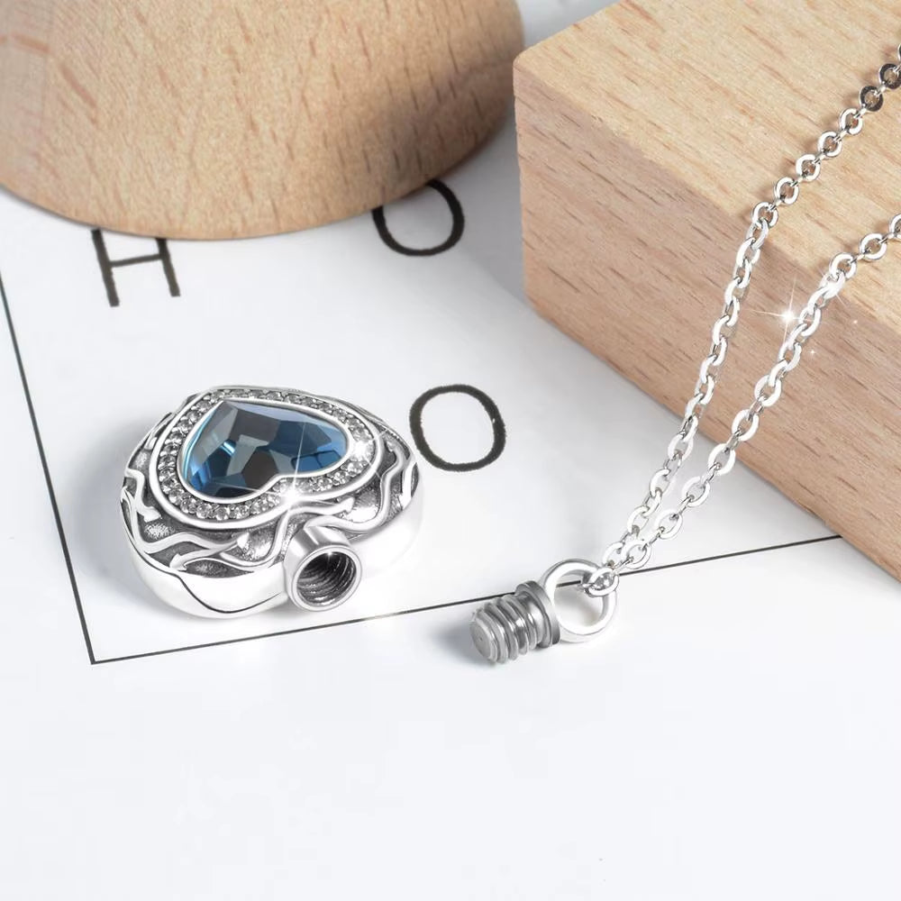 Sterling Silver Heart Locket Cremation Ashes Urn Necklace with Blue Crystal Birthstone Keepsake Jewelry - CYG004